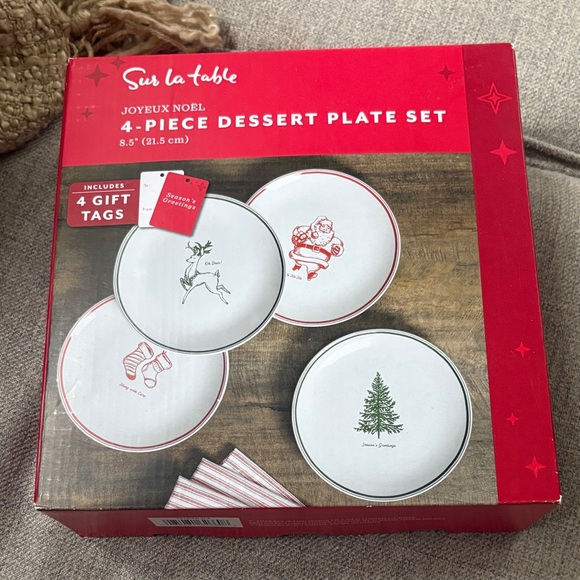 Sur La Table Joyeux Noel Dessert Plate Set - Four Piece with Gift Tags 8.5” - Picture 1 of 6